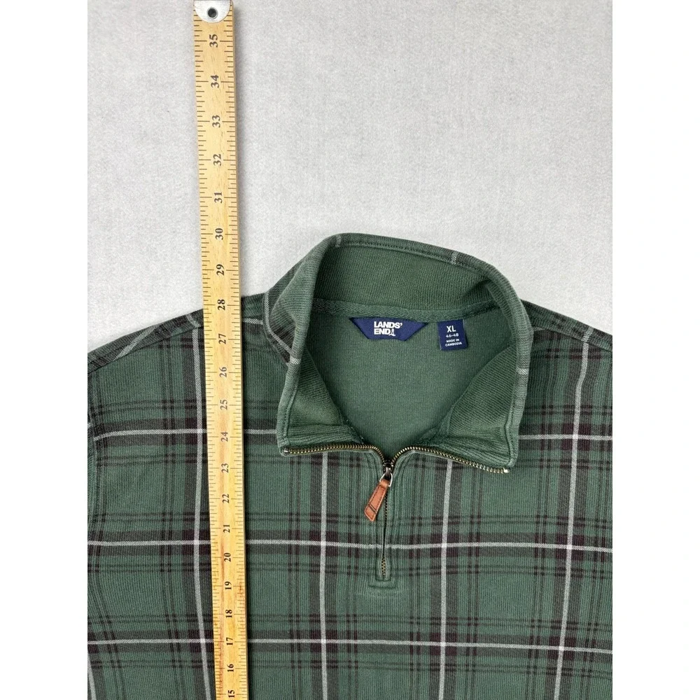 Lands End Quarter Zip Sweatshirt Mens XL Green Plaid Fleece Pullover Mock Neck